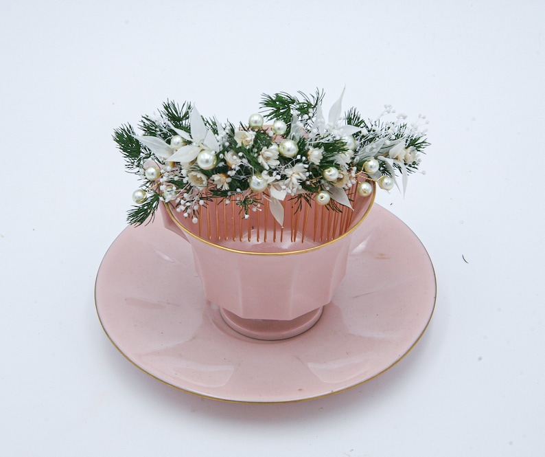 Wedding Flower Hair Comb of Preserved Greenery, Dried Flowers and Dried Leaves with Wired Pearls in Green and Ivory image 4