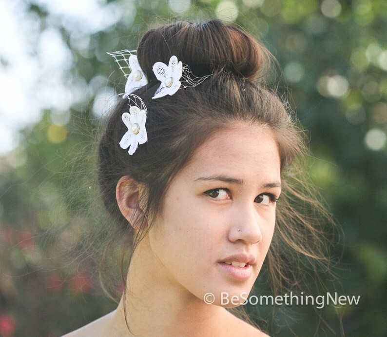 Vintage Lace Flower Hair Pins with Pearl - Wedding Hair Accessory Set (3) image 4