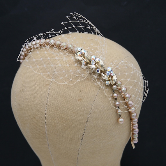 Vintage Pearl Headband in Dark Ivory and Gold With  display picture 3