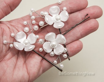 Pearl Wedding Hair Pins Bridal Headpiece, Beaded Hair Accessories Flower Hair Clips Wedding Hair Flower Bobby Pins Bridesmaids Hair Pin Set