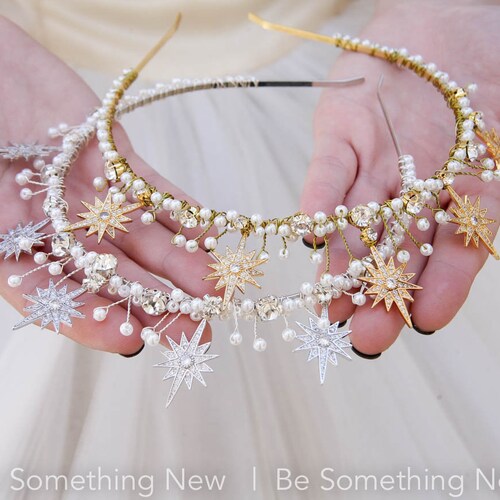 Gold Star Celestial Wedding Crown Rhinestone and Pearl shops Headpiece Metal Star Headband Boho Wired Gold Tiara Star Hair Jewelry