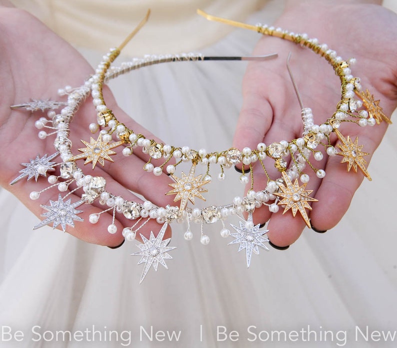 Gold Star Celestial Wedding Crown Rhinestone and Pearl Headpiece Metal Star Headband Boho Wired Gold Tiara Star Hair Jewelry
