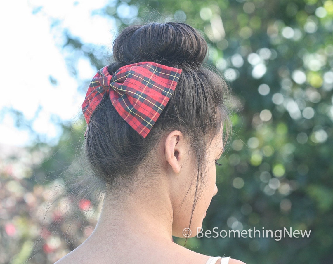 Red Plaid Hair Bow in Vintage Fabric Women Hair Accessory Etsy
