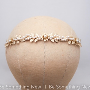 Gold Metal Leaf Headband: Champagne Pearl Boho Wedding Tiara