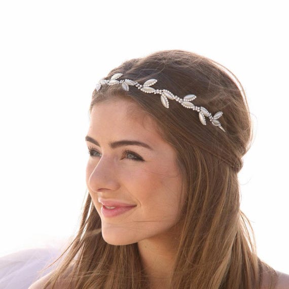 Rhinestone Wedding Headband: Pearl Leaves Bridal Tiara - Etsy