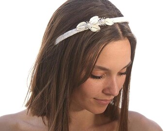 Vintagepärlhårband: Emaljerade metallblad och silverblommor