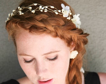 Woodland Wedding Rustic Bridal Wreath Flower Crown with Ribbon Ties Wedding Headpiece Rustic Wedding Headband Bridesmaid or Flower Girl Hair