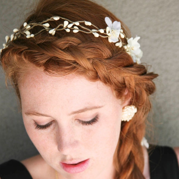 Woodland Wedding Rustic Bridal Wreath Flower Crown with Ribbon Ties Wedding Headpiece Rustic Wedding Headband Bridesmaid or Flower Girl Hair