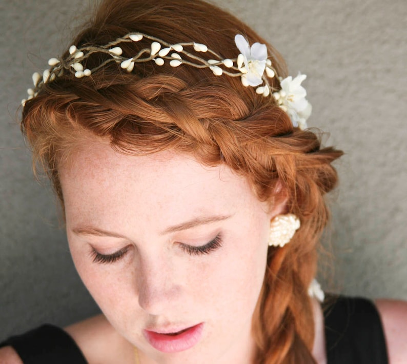 Woodland Wedding Rustic Bridal Wreath Flower Crown with Ribbon Ties Wedding Headpiece Rustic Wedding Headband Bridesmaid or Flower Girl Hair