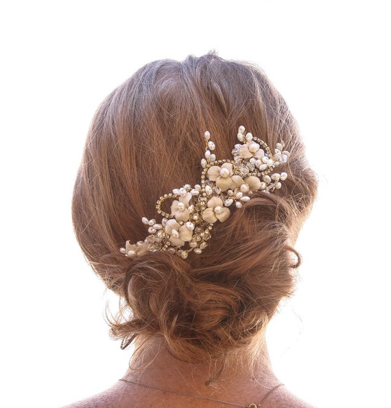 ヘアアクセサリー ei.champagne Champagne Wedding Hair Comb: Pearls, Rhinestones, Ivory Flowers - Etsy
