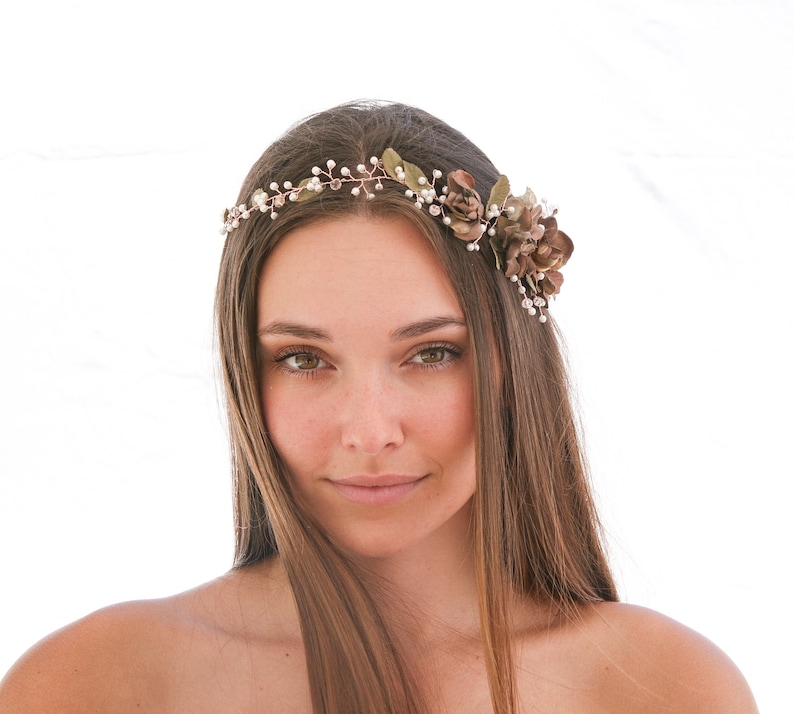 Rose Gold Floral Hair Vine of Wired Flowers and pearls Beaded Wedding Headpiece Woodland Wedding Hair Halo Flower Crown Boho Bridal Wreath image 3