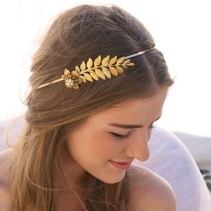 Grecian Gold Metal Leaf and Flower Headband with Rhinestones Gold Wedding Headpiece, Metal Headband for Adults, Leaf Hair Accessory