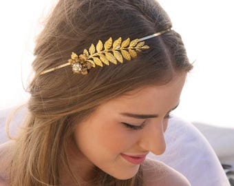 Gold Metal Leaf and Flower Headband: Rhinestone Wedding Headpiece