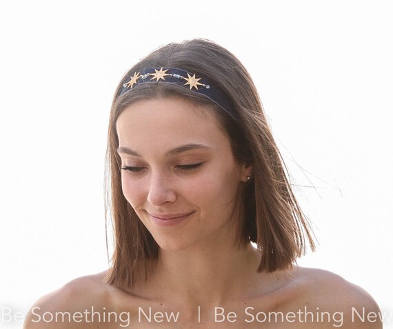Navy Velvet Tie Headband: Gold Stars & Crystals, Celestial  display picture 2
