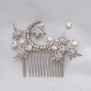 Peigne à cheveux mariage céleste lune vintage, coiffe de mariée lune et étoiles, accessoire cheveux constellation mariages Art déco image 8