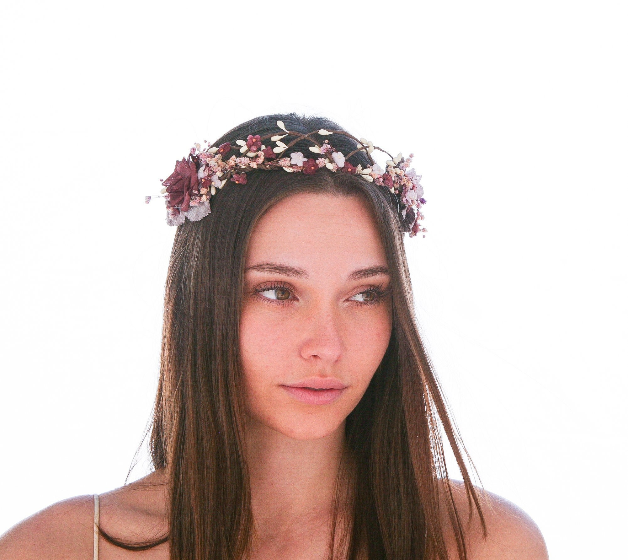 Burgundy flowers headband, dry flower crown, wine wedding hair wreath,  bohemian bridal flowers crown, natural ivory flower crown -  .br