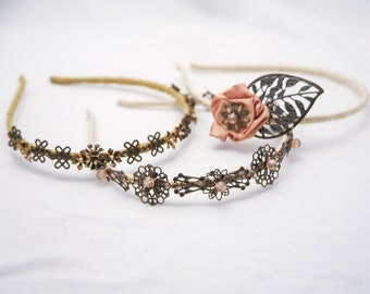 Adult Headbands with Antique Brass Metal Accents, With Flowers Beads and Metal Pieces, Hair Accessories for Her Everyday Headbands