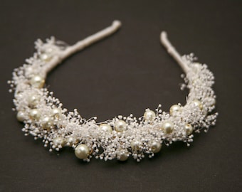 Getrocknetes Babies Atem Haarband mit großen Perlen, Boho Hochzeit Kopfschmuck in Ivory, Blumenkrone