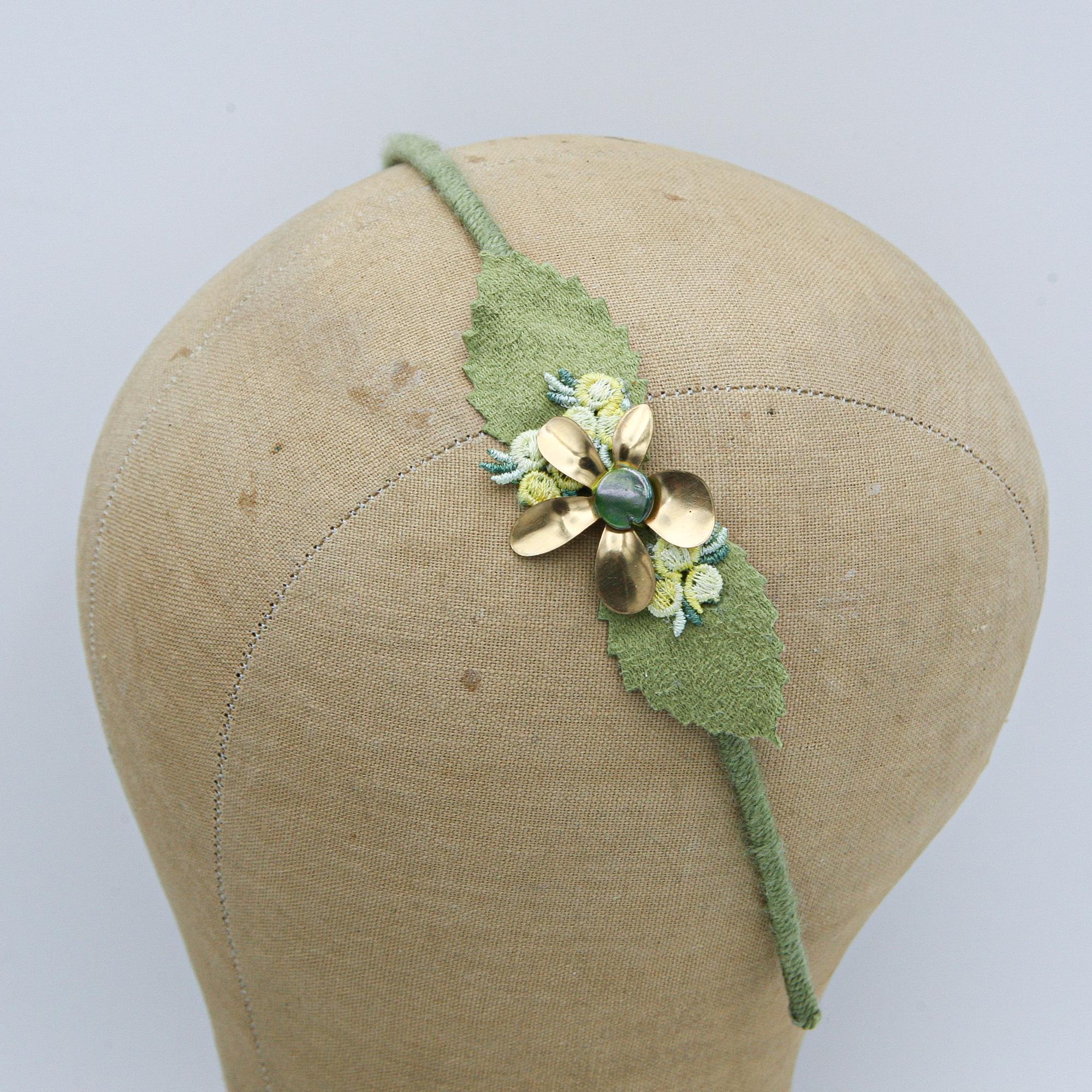 Headband in Sage Green With Sued Leaves and a Gold Flower, Gifts for ...