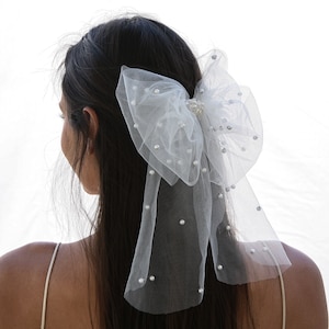 Net Bow Hair Clip with Scattered Pearls, Wedding Headpiece, Rehearsal Dinner Hair Accessory