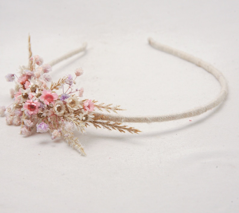 Dried Flower Headband in Pink and Ivory, with Babies Breath, Flower Girl Wedding Headpiece