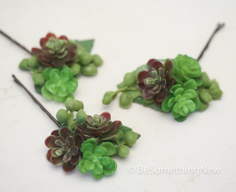 Tiny Succulent Bobby Pin Set, Wedding Hair Bobby Pins, Artificial succulent hair accessories, Bohemian Rustic Wedding Hair Accessory image 5