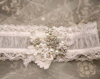 Wedding Garter Set, Shear Wedding Garter with Lace Pearls and Rhinestones, Bridal Garter Beaded Wedding Garter Set