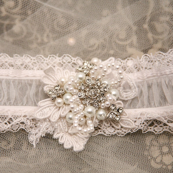 Wedding Garter Set, Shear Wedding Garter with Lace Pearls and Rhinestones, Bridal Garter Beaded Wedding Garter Set