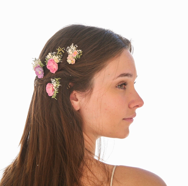 Dried Flower Hair Pin Sets in Pink and Lavenders, Flower and Babies Breath Bobby Pin Sets for you Wedding Day