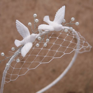 Love Birds Wedding Headband with Small Birdcage Veil, Wedding Headpiece for Your Hair