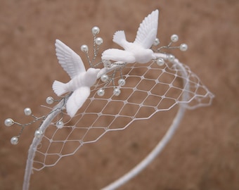 Love Birds Wedding Headband with Small Birdcage Veil, Wedding Headpiece for Your Hair