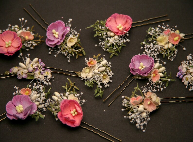 Dried Flower Hair Pin Sets in Pink and Lavenders, Flower and Babies Breath Bobby Pin Sets for you Wedding Day image 2