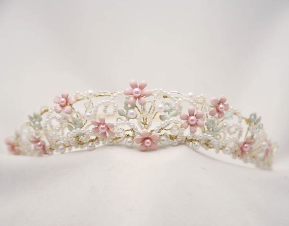 Vintage Wedding Crown with Blush Pink Flowers Bea… - image 8