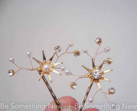 Gold Celestial Bridal Hair Pin Set: Star Flower, Champagne  display picture 2