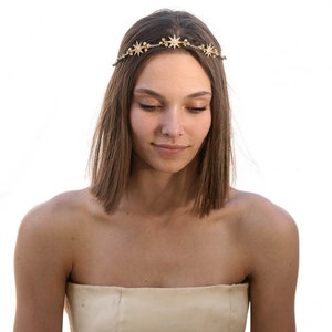 Gold Wedding Headpiece with Golden Stars and Rhinestones, Celestial Wedding Boho Wired Gold Tiara Hair Accessory 画像 8