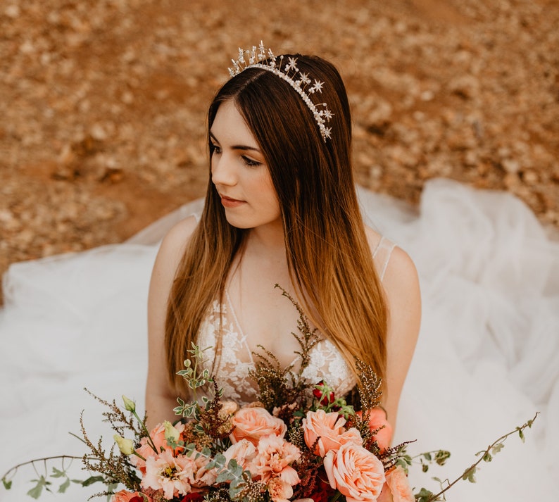 Celestial Wedding Crown of Gold Stars with Rhinestone and Pearls, Boho Tiara image 9