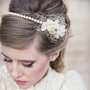 Wedding Hair Vintage Romance Pearl Headband or Wedding Tiara with Birdcage Netting, Pearl Wedding Headband, Vintage Bridal Headpiece