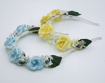 Flower Crown Headband in Yellow of Blue made with Vintage Fabric Flowers, Wedding Hair Accessory