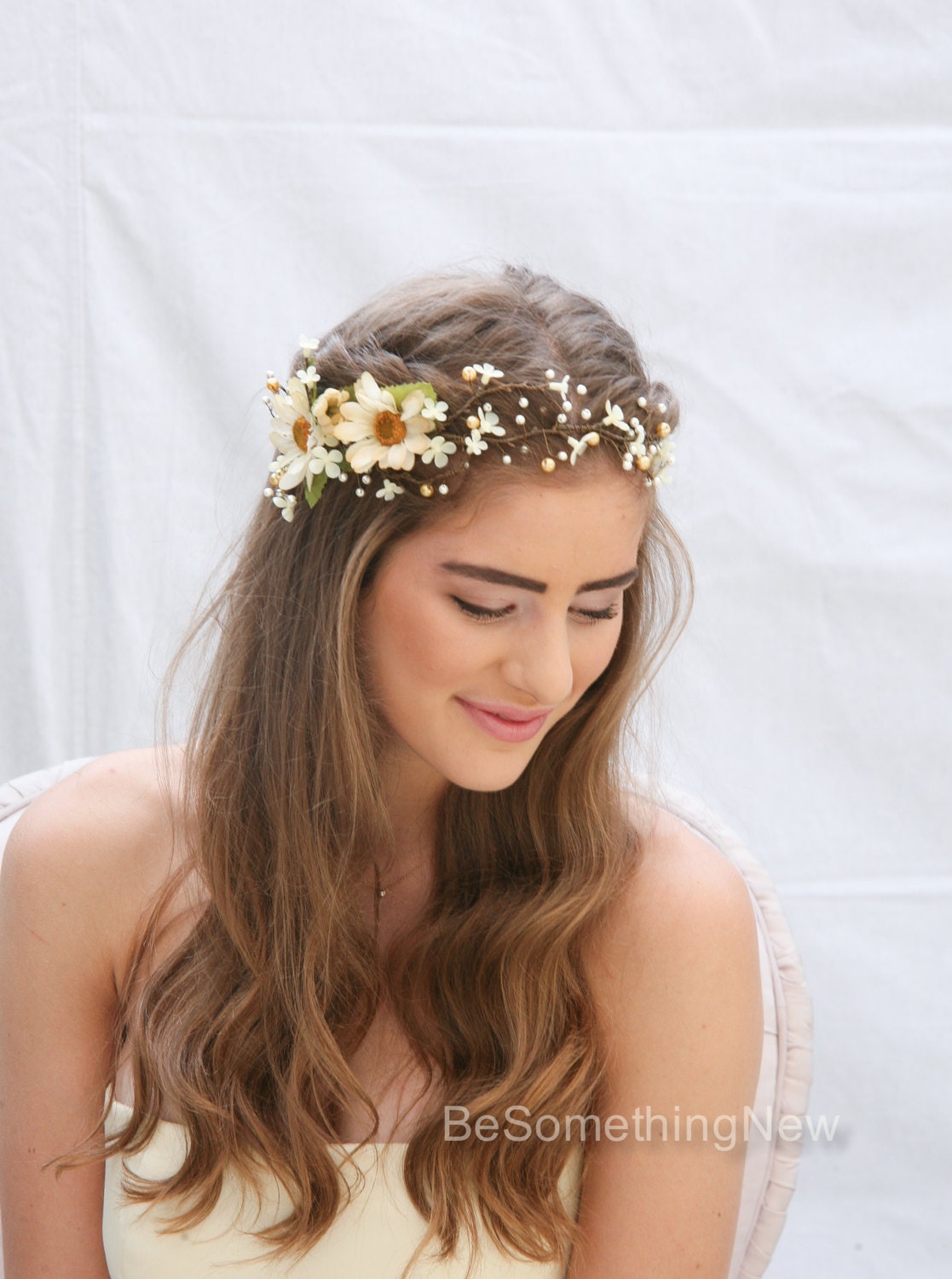 Rustic Floral Hair Vine of Ivory Daisies and Pearls Boho - Etsy