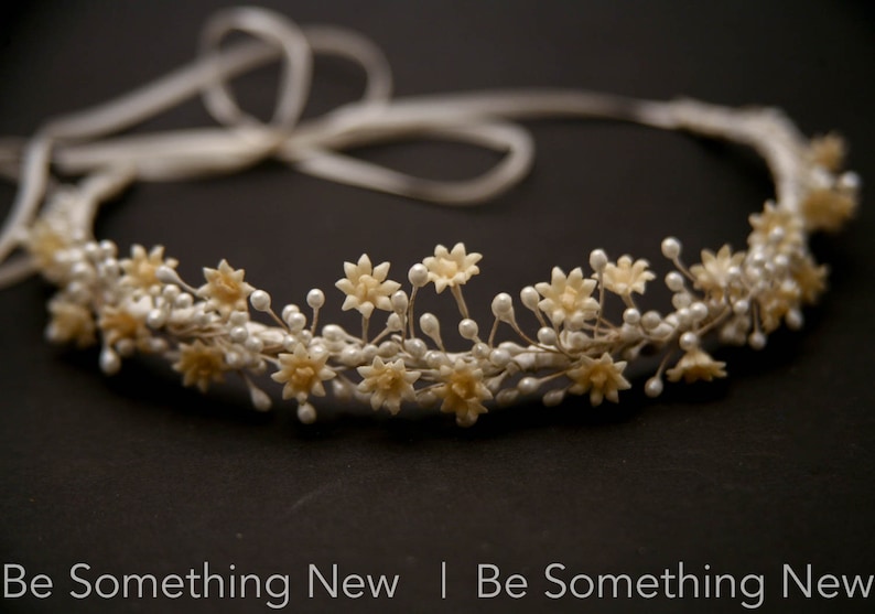 Vintage Wax Flower Crown Small Antique Wax Flower Daisy and Pearl Pip Halo Wreath Ivory Wedding Headpiece