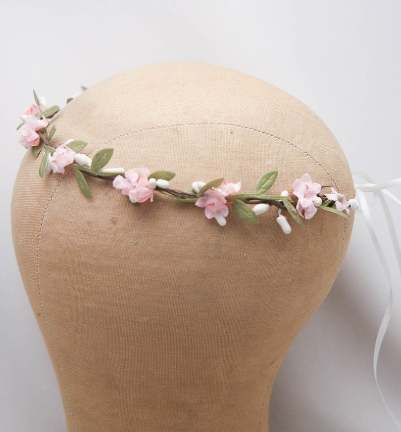 Flower Crown Pink and Green, Wedding Halo, Small Floral Headbands, Bridesmaids Hair Accessory, Flower Girl Headpiece image 4