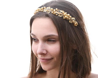 Gold Pearl Enamel Leaf Headband: Vintage Wedding Hair Accessory