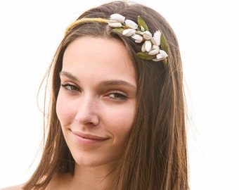 Mid-Century Ivory Floral Halo Headband with Velvet Leaves Velvet Flower Crown. Flowergirl Flower Crown. Wedding Flower  main image 3