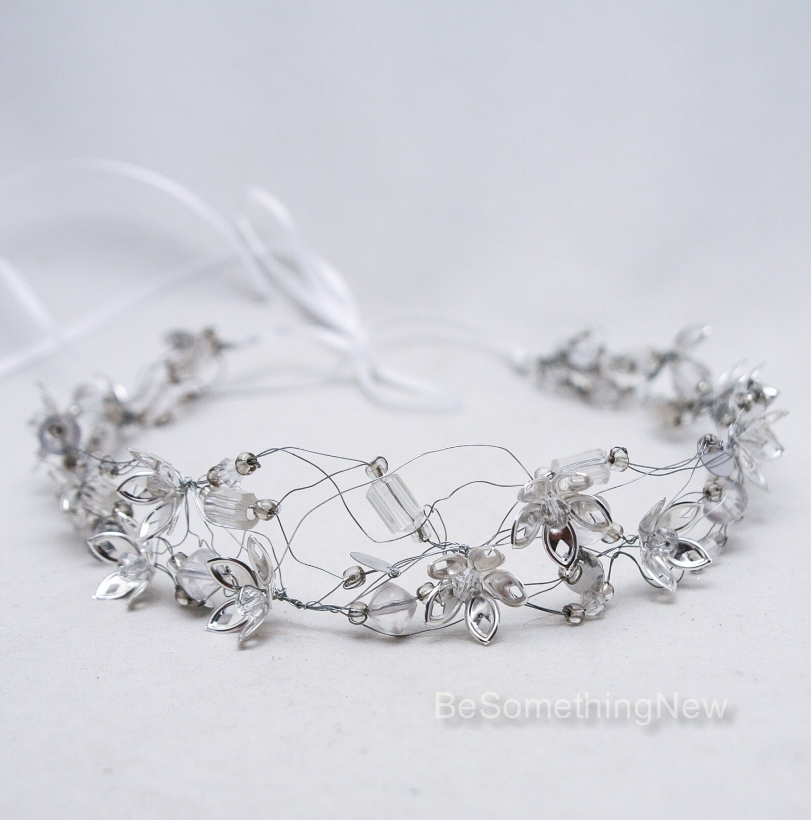 Silver Wire Flower Crown Beaded Wedding Headpiece Silver Etsy