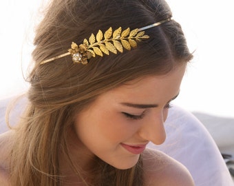 Grecian Gold Metal Leaf and Flower Headband with Rhinestones Gold Wedding Headpiece, Metal Headband for Adults, Leaf Hair Accessory