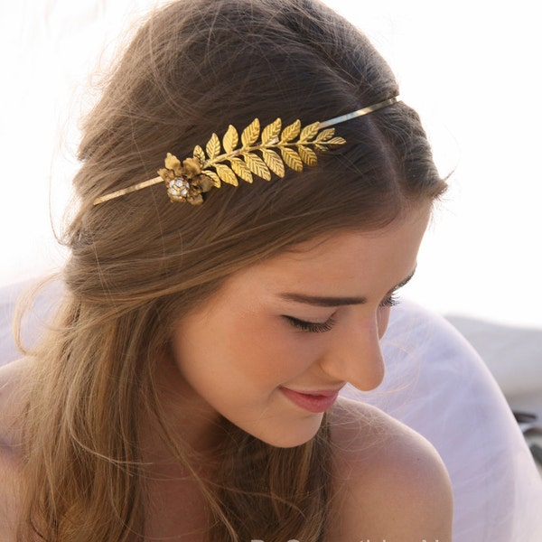 Grecian Gold Metal Leaf and Flower Headband with Rhinestones Gold Wedding Headpiece, Metal Headband for Adults, Leaf Hair Accessory