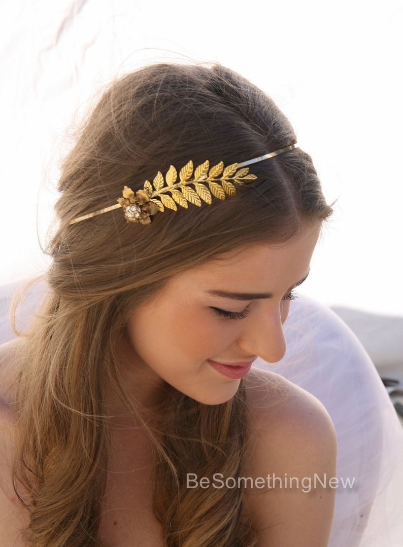 Grecian Gold Metal Leaf and Flower Headband with Rhinestones Gold Wedding Headpiece, Metal Headband for Adults, Leaf Hair Accessory