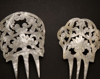 Vintage spansk bröllopskam: Elfenbensfärgad celluloidmantilla, pärlemoreffekt