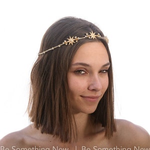 Gold Wedding Headpiece with Golden Stars and Rhinestones, Celestial Wedding Boho Wired Gold Tiara Hair Accessory 画像 4