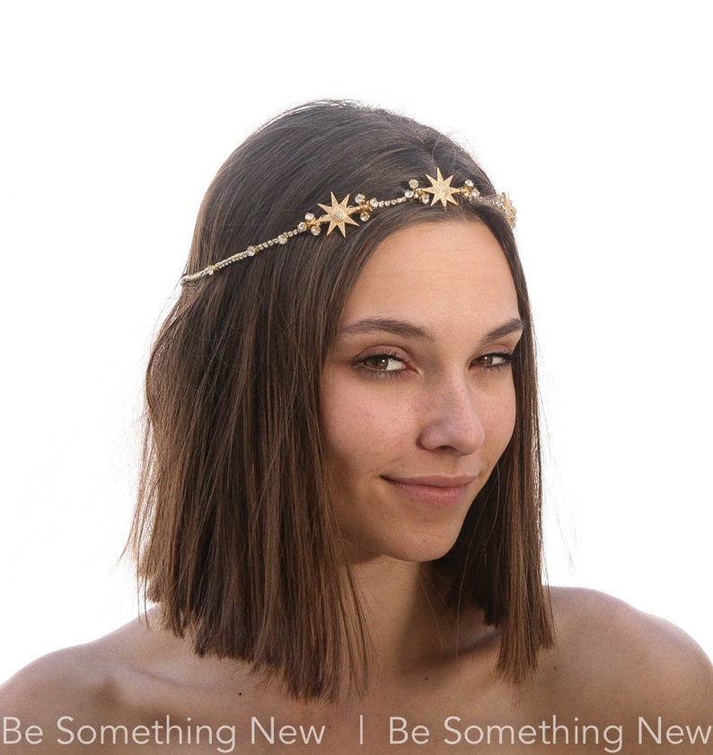 Gold Wedding Headpiece with Golden Stars and Rhinestones, Celestial Wedding Boho Wired Gold Tiara Hair Accessory 画像 4